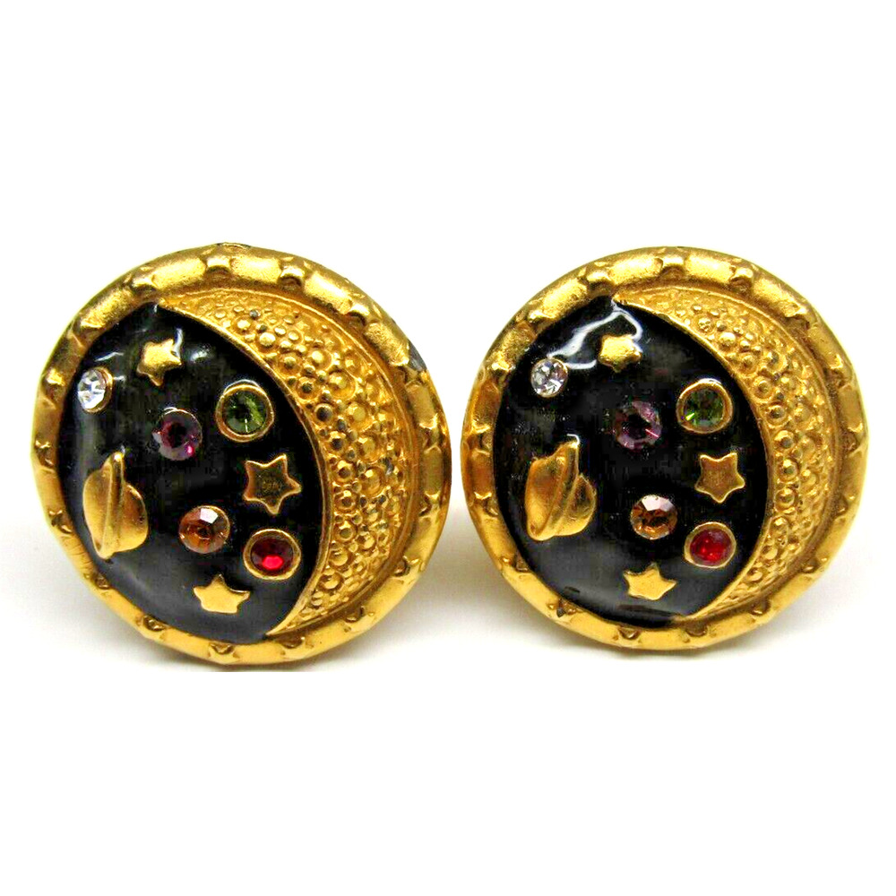 Vintage Gold Cufflinks Cosmic Themed with Colorful Gem Accents Men's Formal Wear